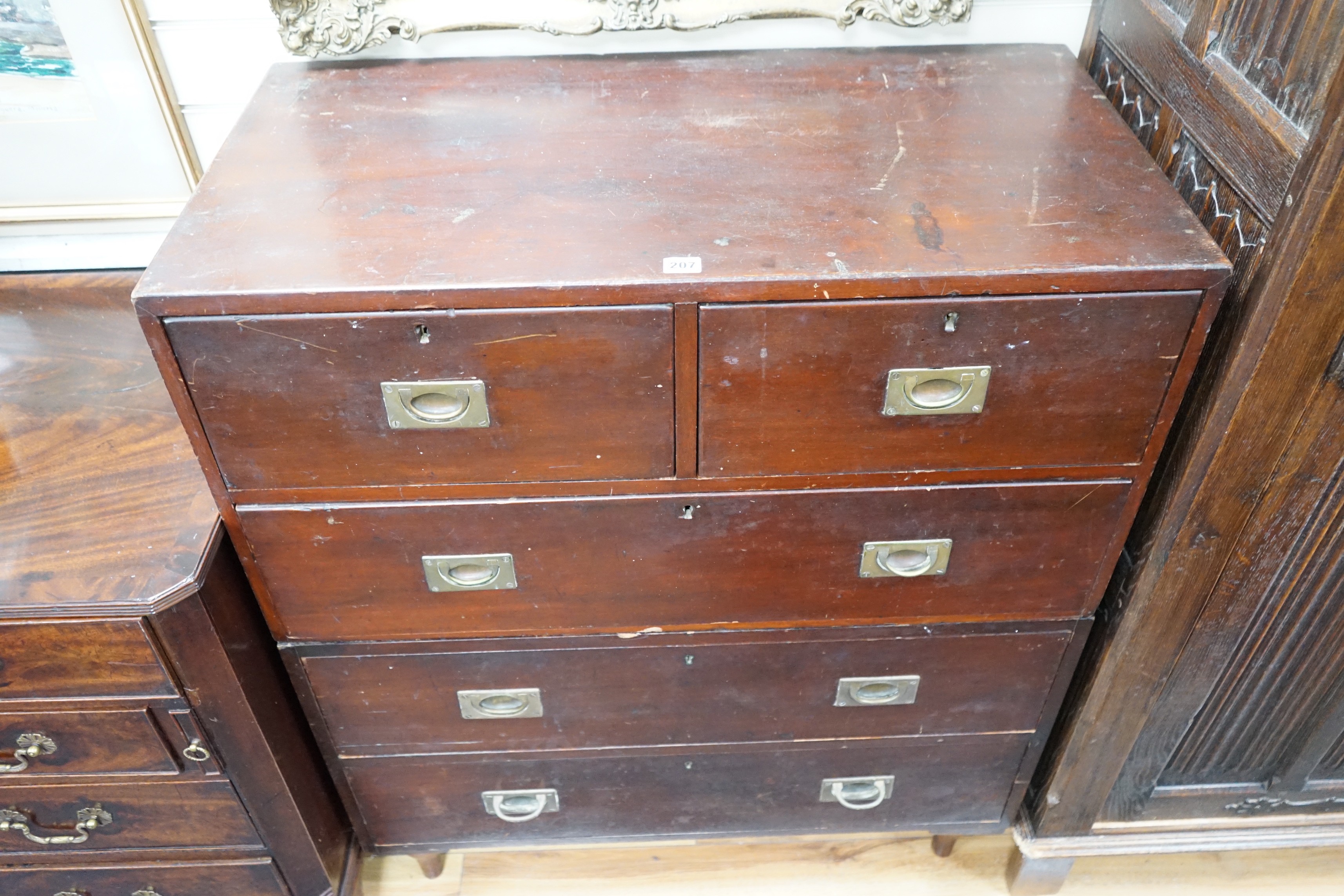 A Victorian and later mahogany two part military chest of two short and four long drawers, width 92cm, depth 47cm, height 111cm